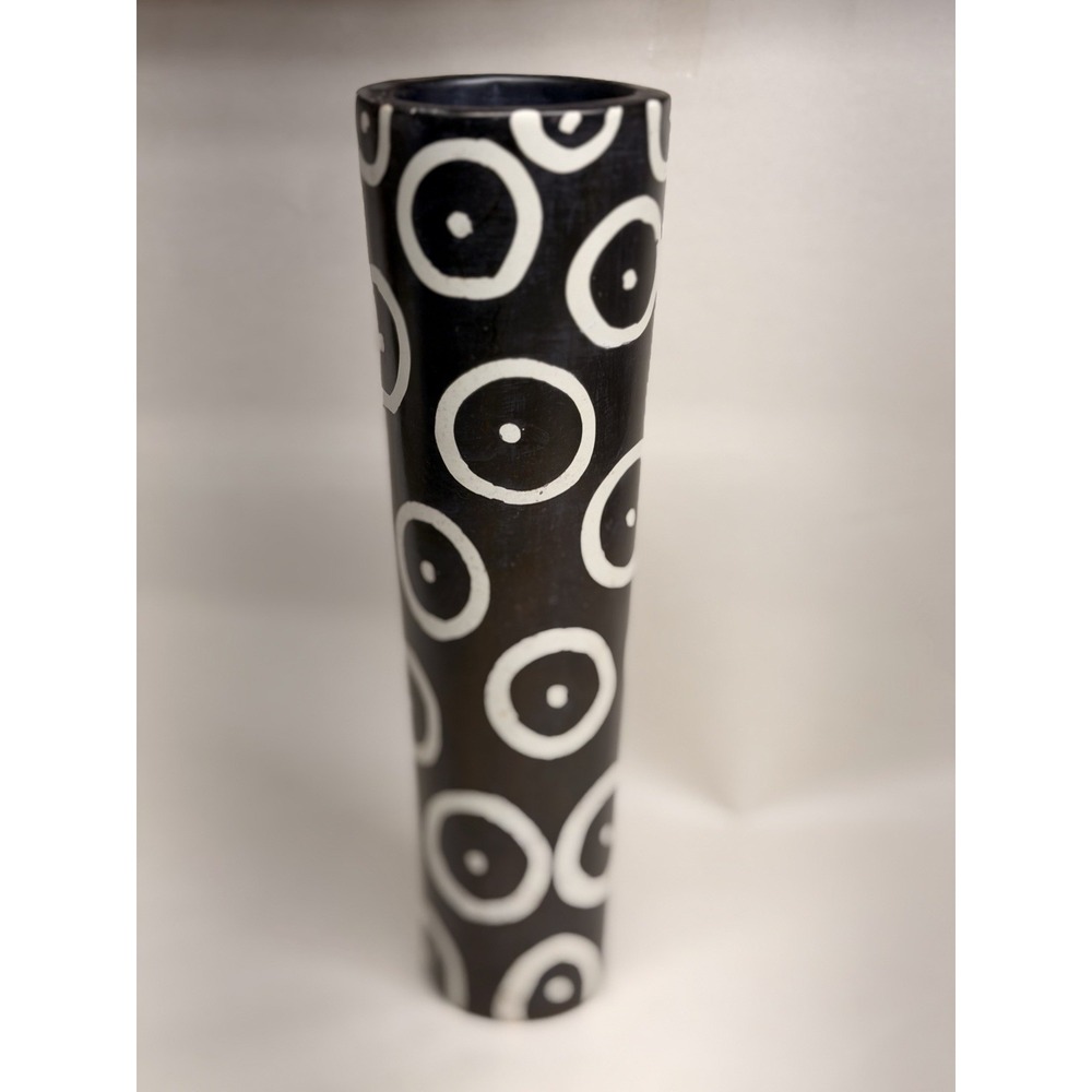 Vintage MCM Black White Polka Dot Ceramic Cylinder Vase Modernist 10" Tall